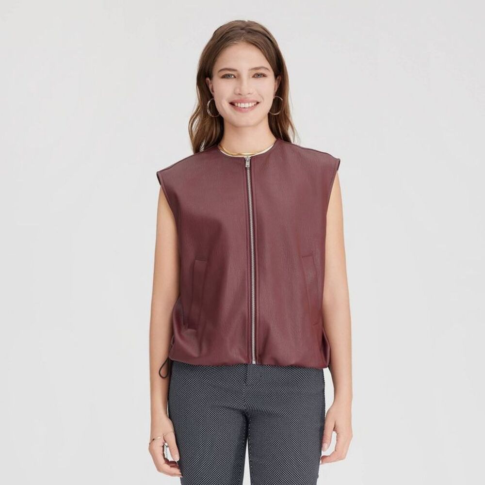Women's Faux Leather Zip-Front Vest - A New Day Burgundy M